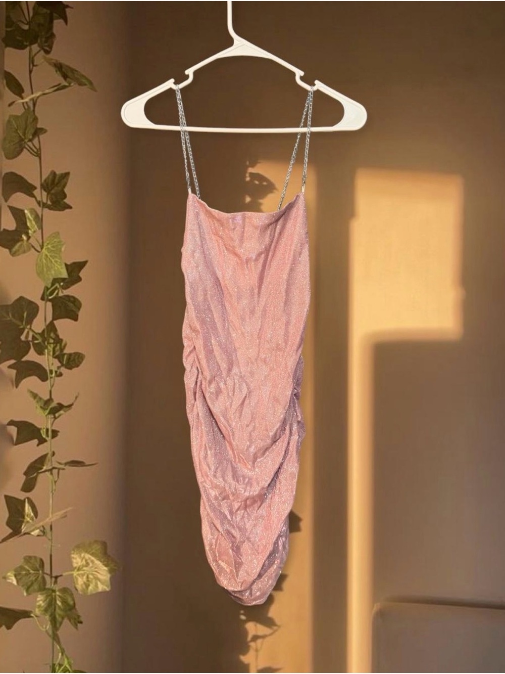 Shimmery Pink Ruched Slip Dress with Chain Straps